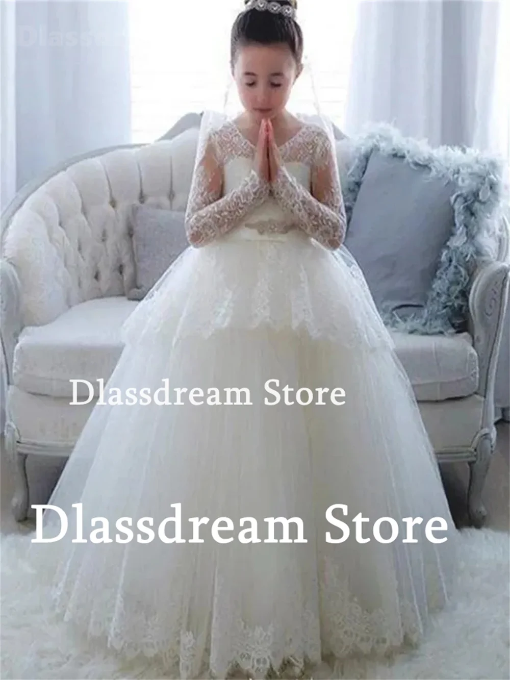 O-Neck Long Sleeves Flower Girl Dress For Wedding Princess White A-Line Tulle Long Pageant Dress 2024 Floor-Length Kids Vestidos