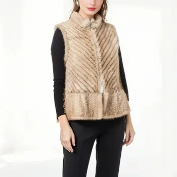 本物のミンクファーベスト、裏地付きチョッキ、新しいデザイン、クラシックなブラックVネック、ジッパー210912