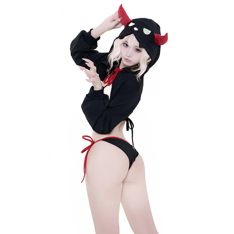 SENMHS 2025 juego de anime Demon Kingdom Devil pequeño disfraz de Cosplay conjunto de elfo uniforme de Halloween capa de cuerno con capucha ropa interior de Bikini