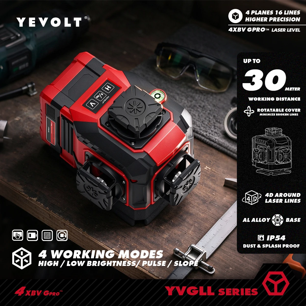 niveau-laser-vert-yevolt-16-lignes-4×360°-auto-nivelant-avec-mode-pente-controle-tactile-et-telecommande-recharge-type-c-ip54-antipoussiere-et-Etanche-pour-tracage-interieur-et-exterieur