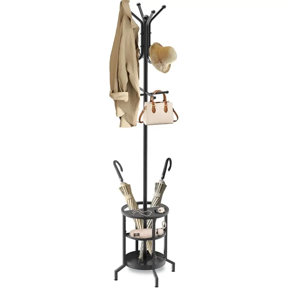 

Coat Rack reestanding, Coat Stand with Umbrella Holder, Metal Coat Tree with 12 Hooks, Coat Hanger Stand or Entryway, Coat Rack