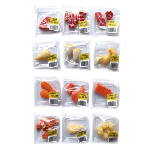 인형 집용 미니어처 슈퍼마켓 음식 시뮬레이션 비프스테이크, 연어 베이컨 소고기 롤, 미니 주방 생일 크리스마스 선물, 신제품