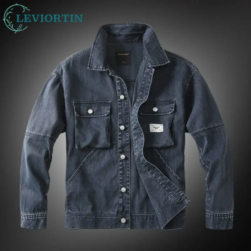 2024 Autumn American Workwear Men's Denim Jacket Flip Collar Trendy Work Clothes Heavyweight Denim Jacket Washed Cotton Coats