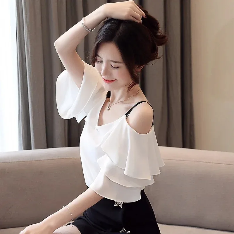 Women Tops and Blouses 2024 Summer Chiffon Shirt Casual Off-shoulder Butterfly Short Sleeve Clothes Blusas Mujer De Moda 3571 50