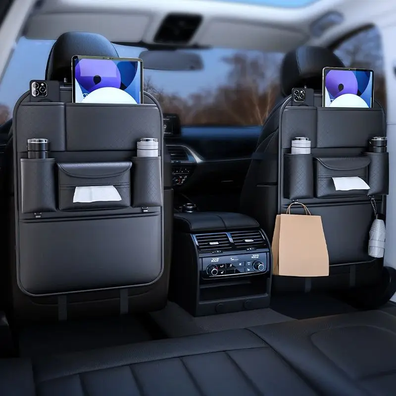 Car Backseat Hanging Storage Bag - Multifunctional Organizer with Tissue Box Holder, Kick Mat & Seat Protector, Large Capa