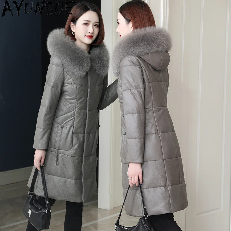 AYUNSUE 탑 레이어 양피 정품 가죽 자켓 여성 여우 모피 칼라 여성 겨울 의류 겉옷 Casaco Feminino의 새로운 기능