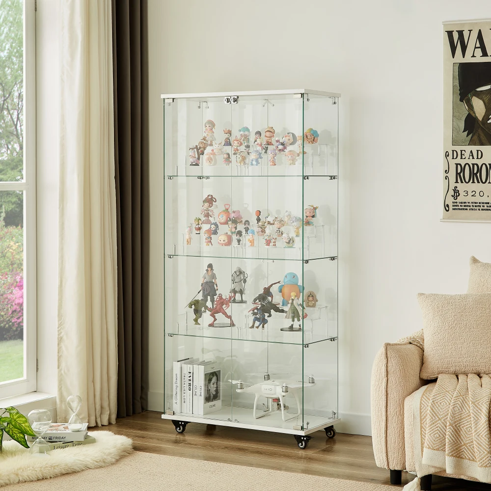 4 Tier Glass Display Cabinet, Double Door Glass Cabinet with Two Locks, Floor Standing Storage Cabinet with 6 Acrylic Shelves