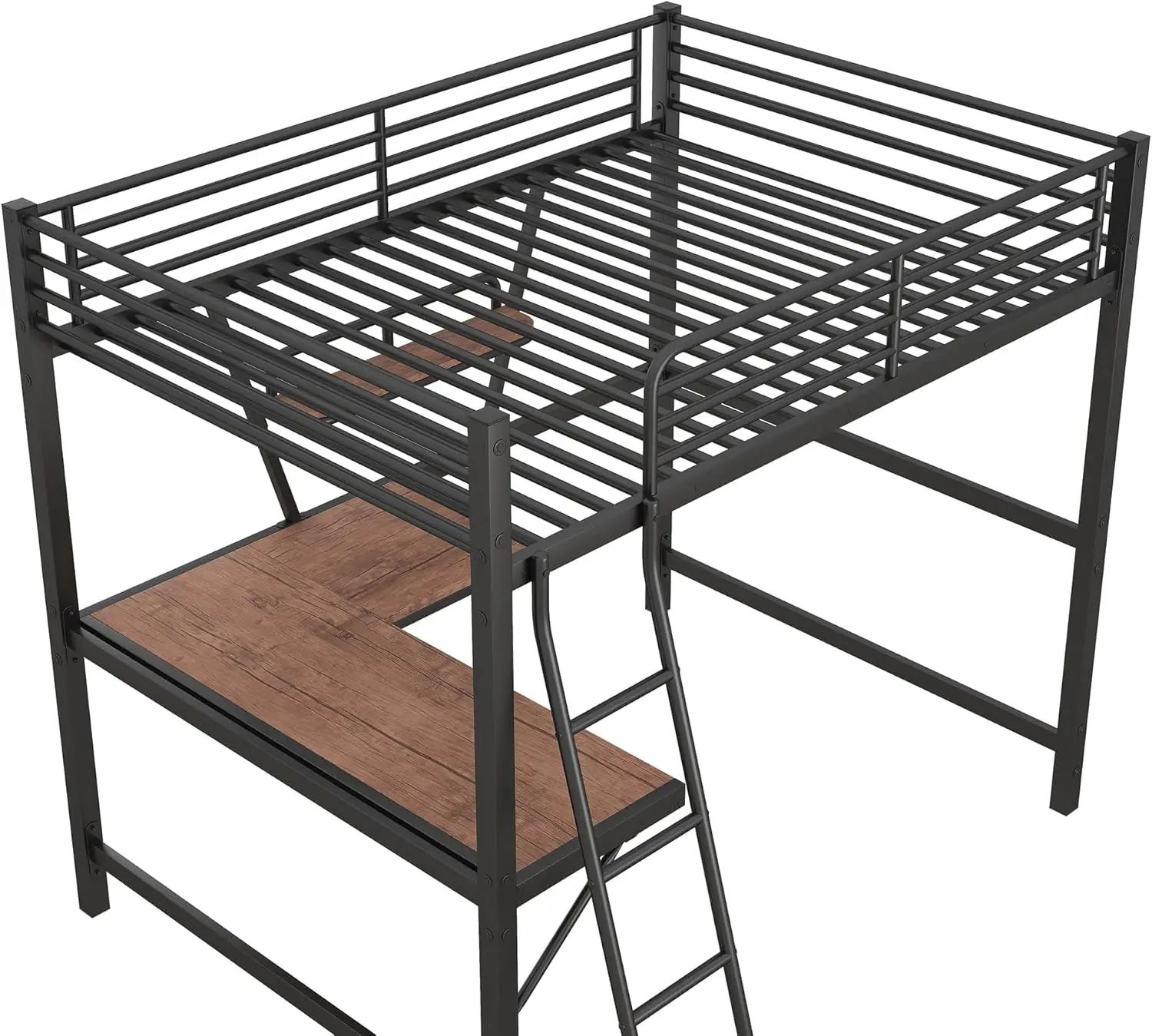 Marco de cama de Metal de tamaño completo para Loft, cama de Loft con escritorio en forma de L, cama de Loft con escalera y estante para niños, negro