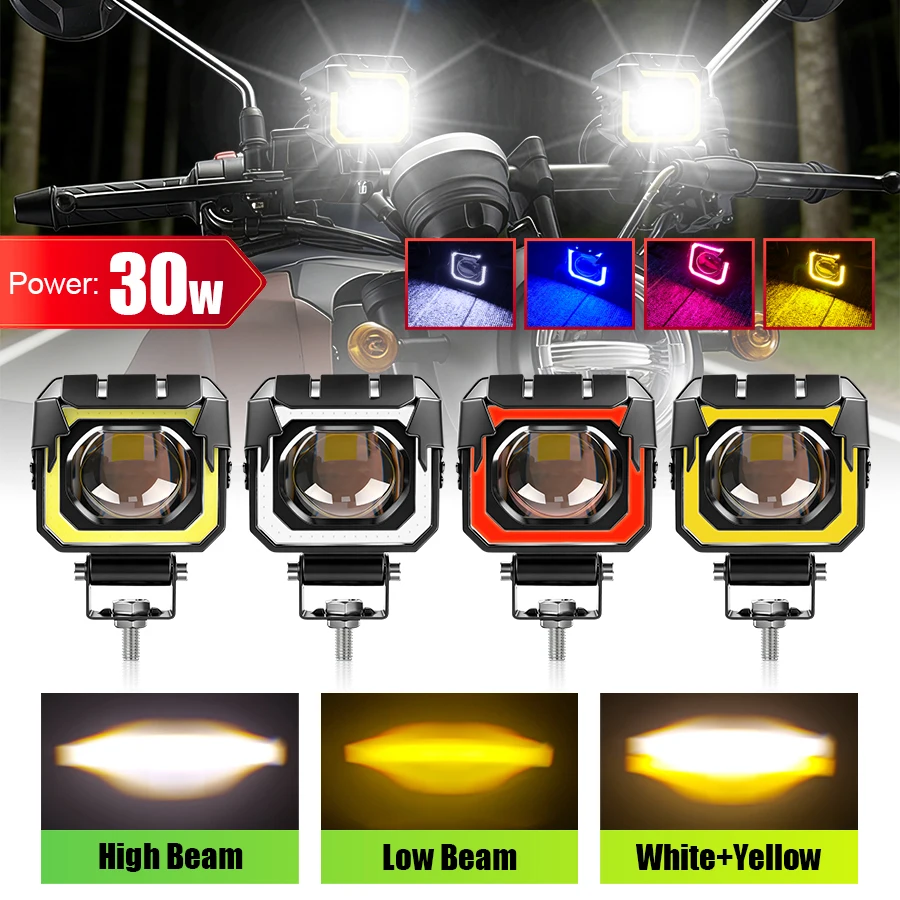 

Motorcycle Headlight Auxiliary LED Fog Light Colored Halo Explorers Offroad Angel Eyes Spotlights Portable Driving Lamp 12V-80V