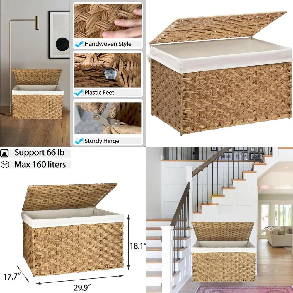 

Большая плетеная корзина на 160 литров с крышкой, съемным вкладышем, металлическим каркасом, складной контейнер для хранения для домашнего использования