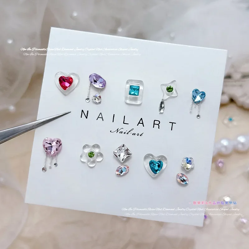 10Pcs Transparent Rock Sugar Shaped Heart Nail Rhinestones Dopamine Color Crystal Inlaid Charms DIY UV Gel Nail Manicure Decor