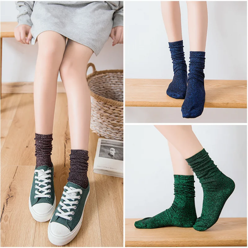 1 3 5 paar Dames Glitter Metallic Garen Gestreepte Sokken Halfhoge Kuitsokken Glinsterende Mode Sokken Sexy Casual Dagelijks gebruik Vier seizoenen