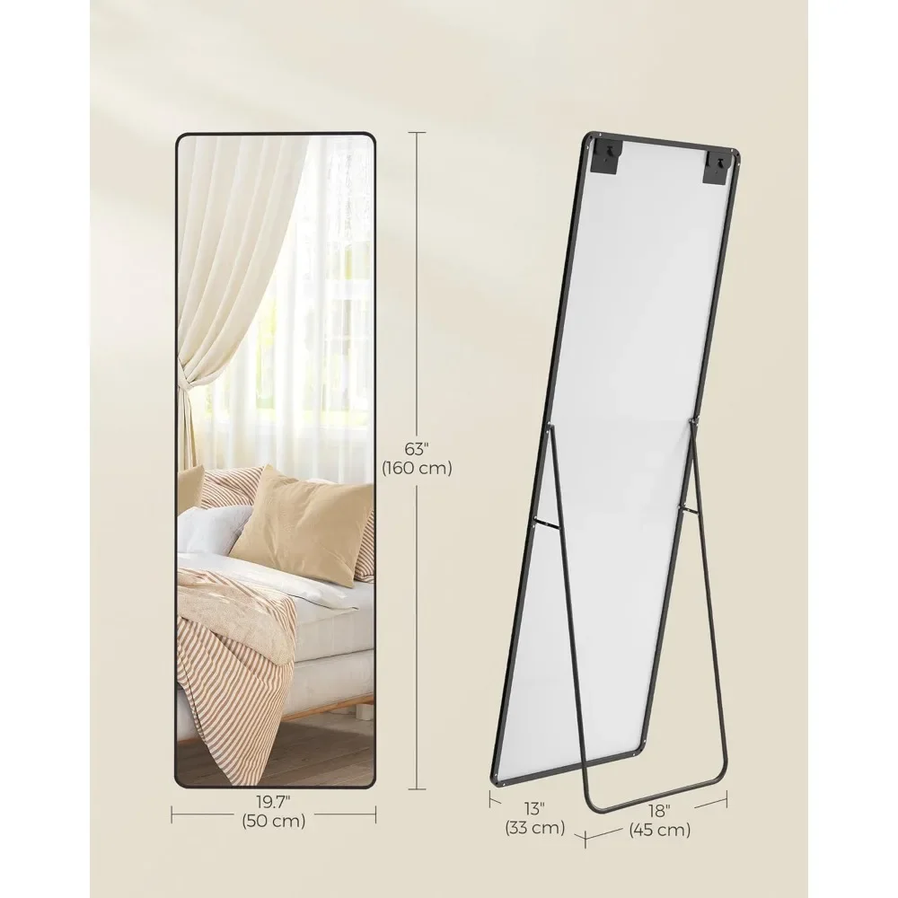 Full Length Mirror, 63 x 19.7 Inches, Rectangle Full Body Mirror with Stand, Aluminum Alloy Frame Floor Mirror, Tempered Glass