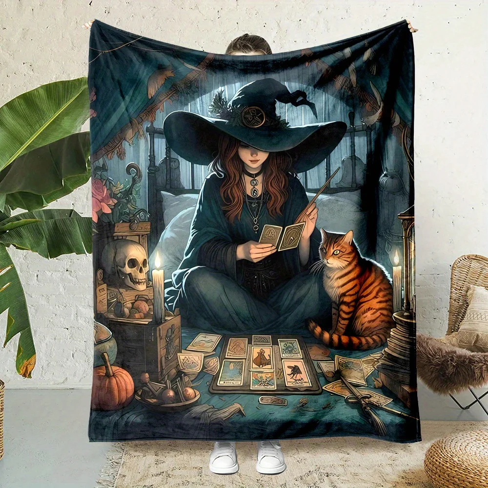 

Witch Cat Print Flannel Blanket - Digital Print Soft Polyester Throw with Witchcraft Theme, Non-Woven Reversible All-Season