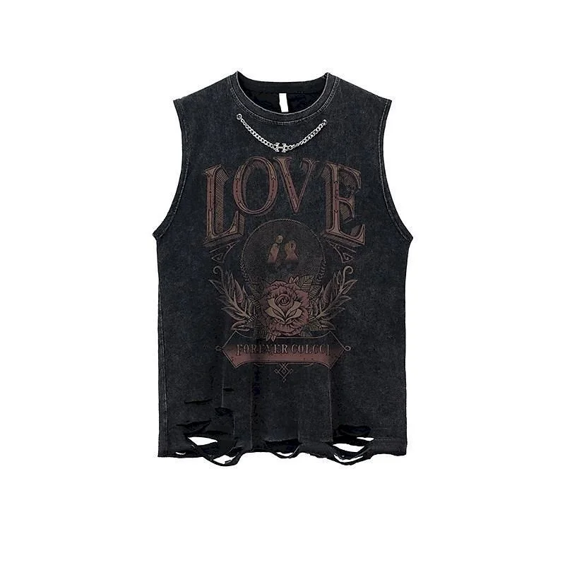 100% Cotton T Shirts Men Women Street Vintage Letter Print T-shirt with Necklace Washed Sports Vest Hip-hop Sleeveless Tshirt