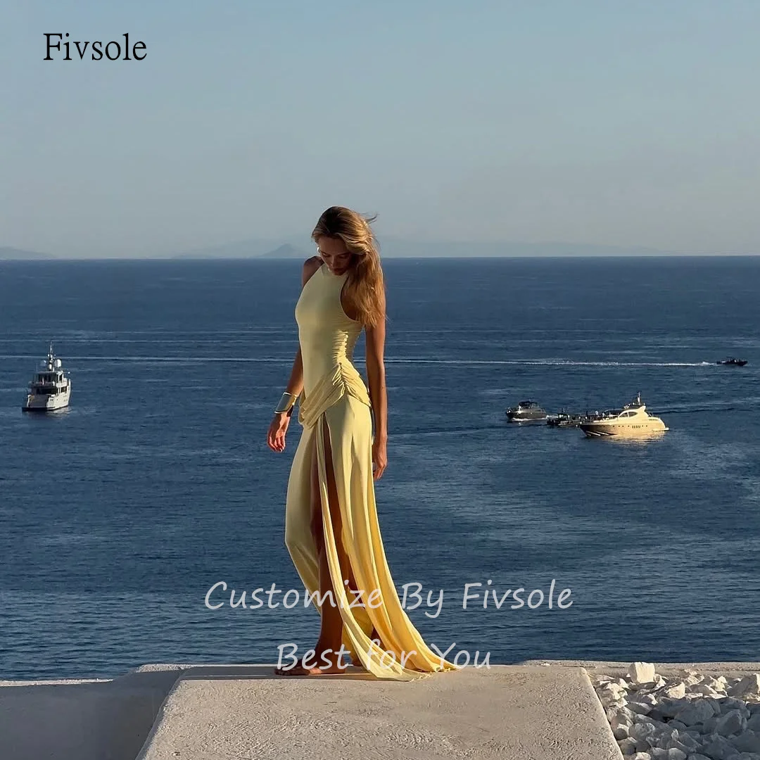 Fivsole مثير الأصفر الرسن حورية البحر الحفلة الراقصة أكمام حزب ثوب الجانب الشق الطابق طول مساء اللباس مخصص #6