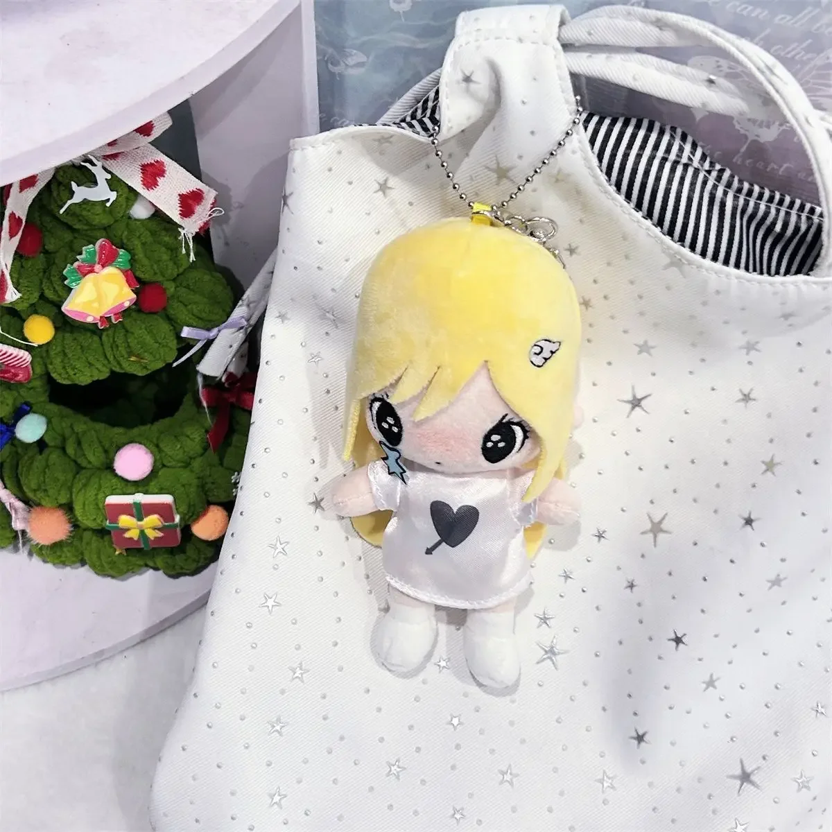 Ye You Shang Qiu Mini Plush Keychain Cute Blonde Girl Doll With Heart Print T Shirt Star Cheek Pendant Hanging Decor Ornament