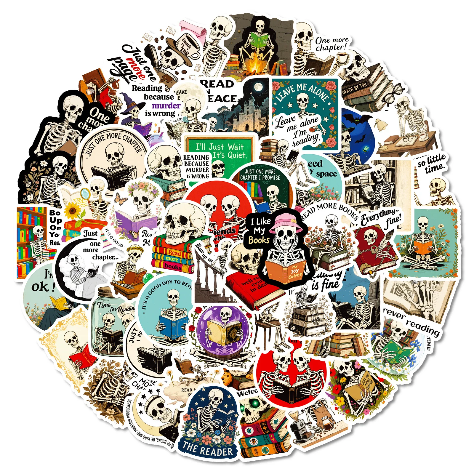 

56PCS Cartoon Skeleton Book Reading Sticker Personalized Cool Creative Decoration DIY Skateboard Motorcycle Helmet Decal Toy