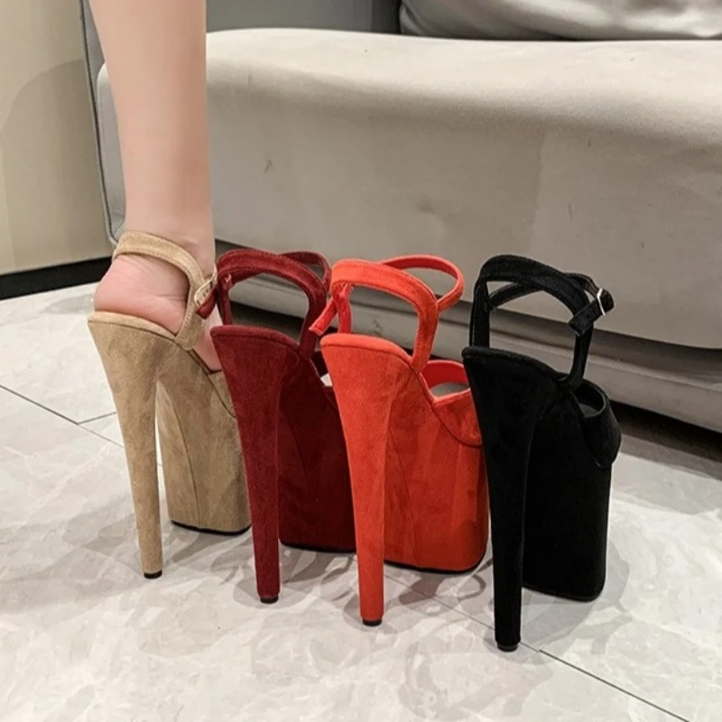 

15cm Wine Red Chic Sexy Suede Sandals Women 8Inches 20cm Thin heels Peep Toe Pole Dance Shoes 17cm Stripper Nightclub Stilettos