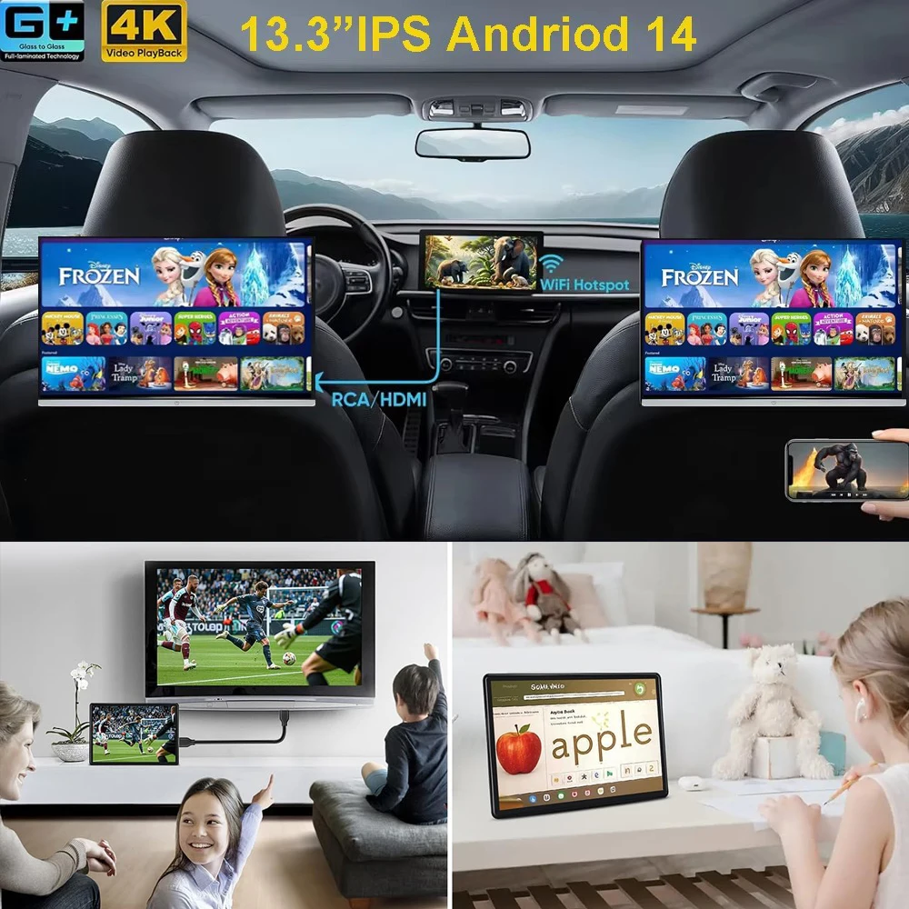 Image of 13,3 Zoll Anidroid Auto-Kopfstützenmonitor Android 14 Tablet-PC 4K 1080P WIFI/Bluetooth/HDMI/Airplay Filmplayer 2G+32GB ROM
