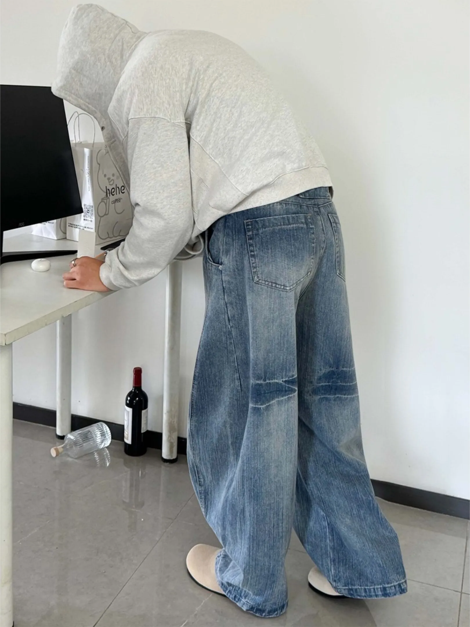 

Cleanfit Blue Washed Knife Wide Leg Casual Jeans Men's Spring Design Loose Fit Bamboo Texture Men's Denim Pants