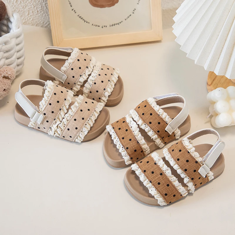 

Girls Polka Dot Lace Trim Slide Sandals Non‑slip Soft Sole Retro Style Children Summer Beach Shoes Kids Casual Sandals