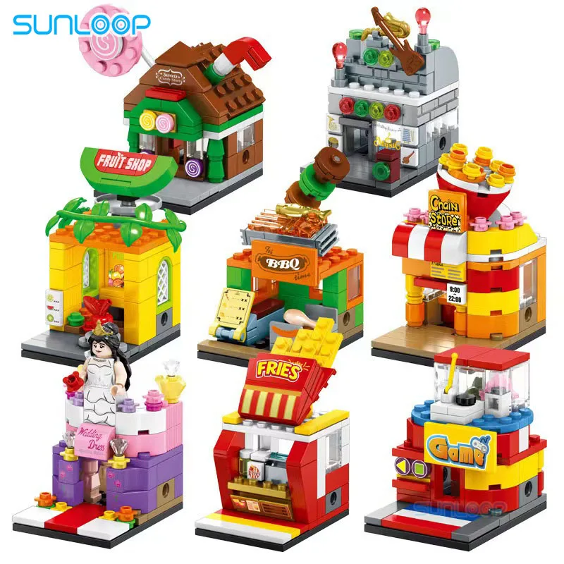 Mini Street Shops Building Blocks Fruit French Fries Popcorn Shop Candy House Gaming Room store Building Bricks Child Toys Gifts