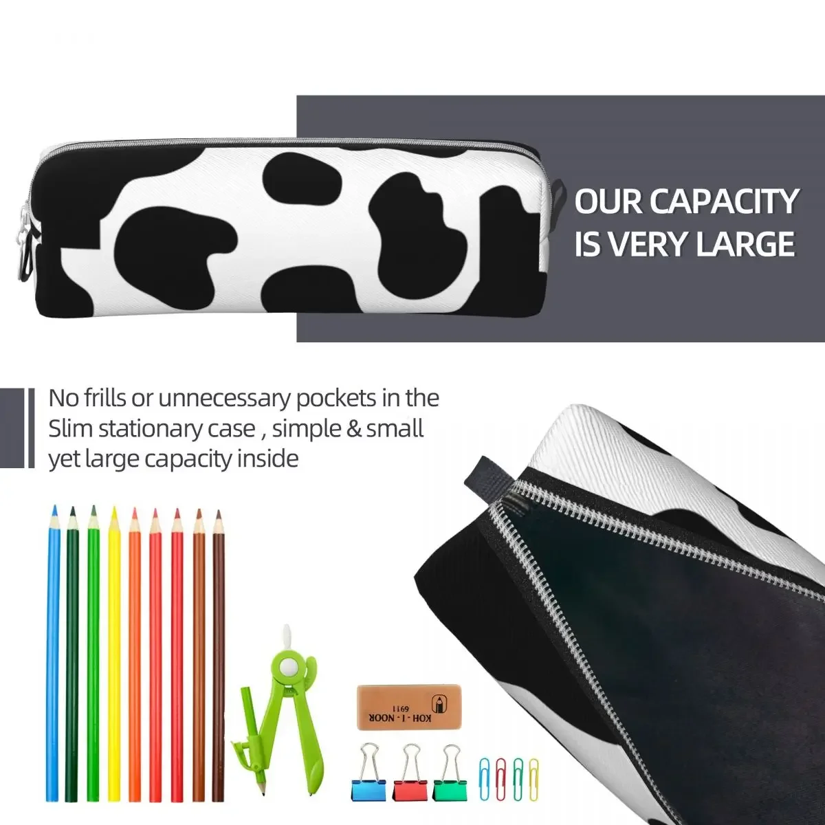 Aesthetic Cow Print Pencil Case New Black and White Pen Bags Student Big Capacity Students School Cosmetic  Pouch