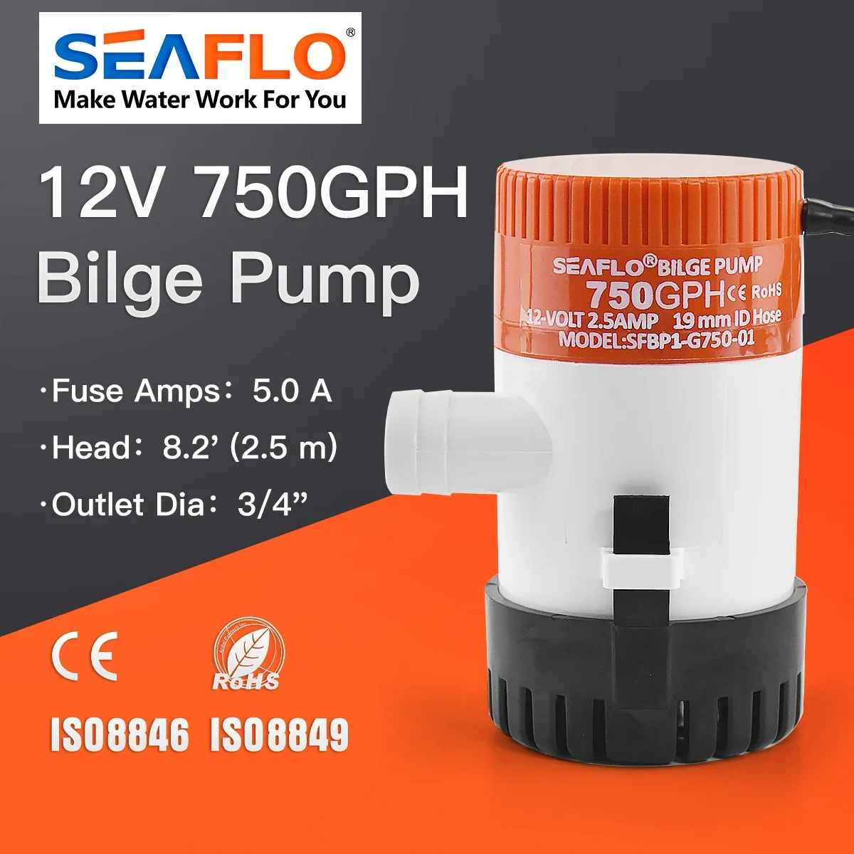 SEAFLO 12v 5.0A Bilge Pump 750gph Head 2.5m Submersible Electric Water Pump for Boat Seaplane Motor Homes And Houseboats