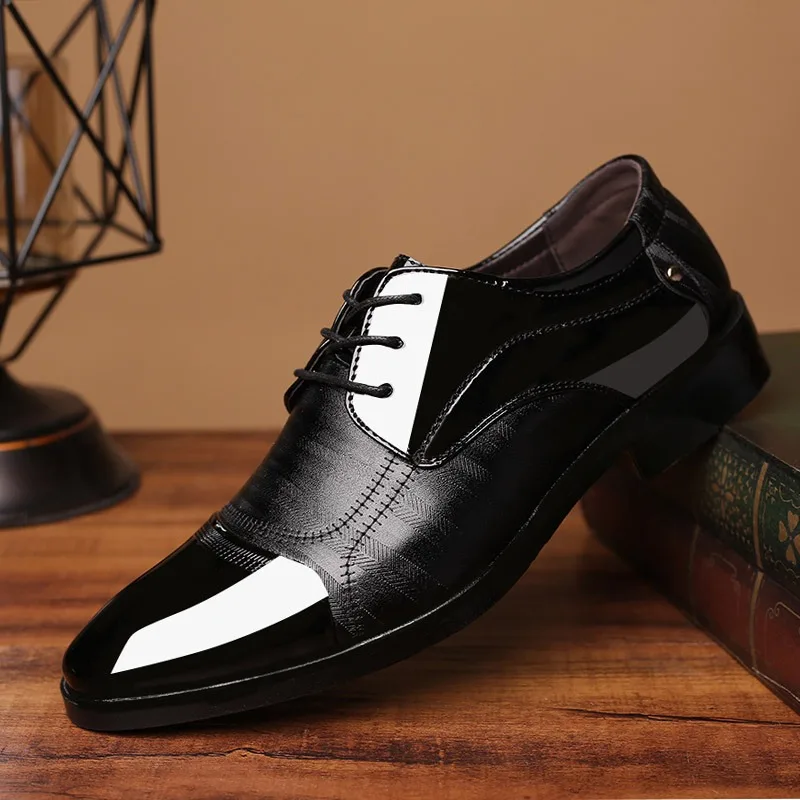 

Fashion Trend Patent Leather Men Wedding Shoes Formal Brown Derby Oxfords Shoes Designer Pointed Toe Dress Shoes Big Size 38-49