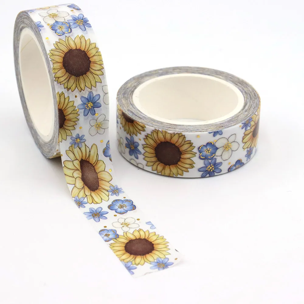 NEW 1PC 15mm*10m Gold Foil Sunflowers and Blue Flower Floral Decorative Washi Tape Stationery Colourful Tape Office Supply