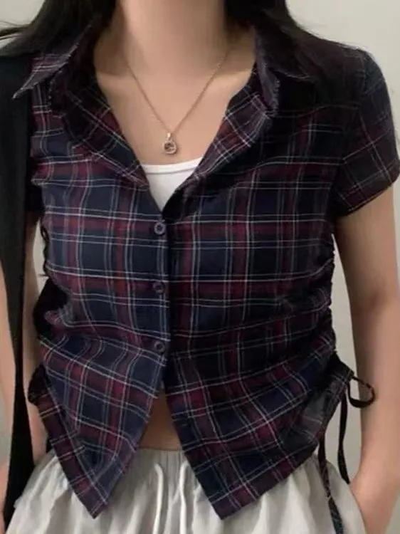 Chic Summer Vintage ort Plaid irt Colletto da donna Design con raccolta laterale Versatile top slim fit con bottoni piccoli