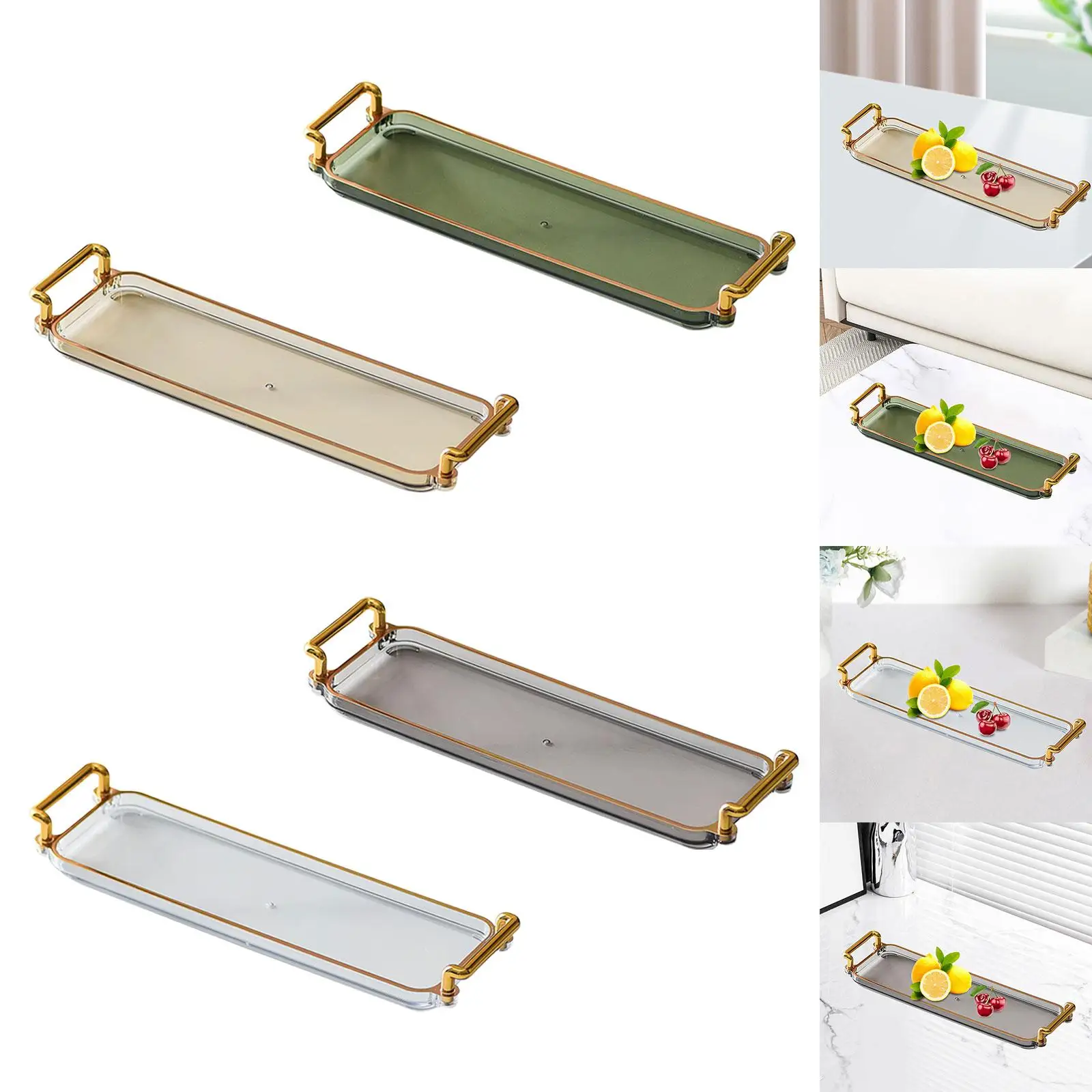 Decorative Serving Tray with Handles Plastic Rectangular Platter for Snack Fruit Storage Vanity Makeup Organizer Home Decor
