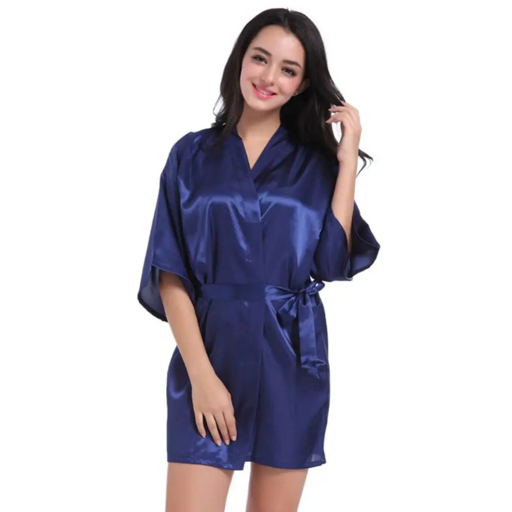 Sexy Women Silk Satin Short Night Robe Solid Color Satin Kimono Robe Sleepwear Nightgown Dress Bathrobe Silk Bridesmaid Robes