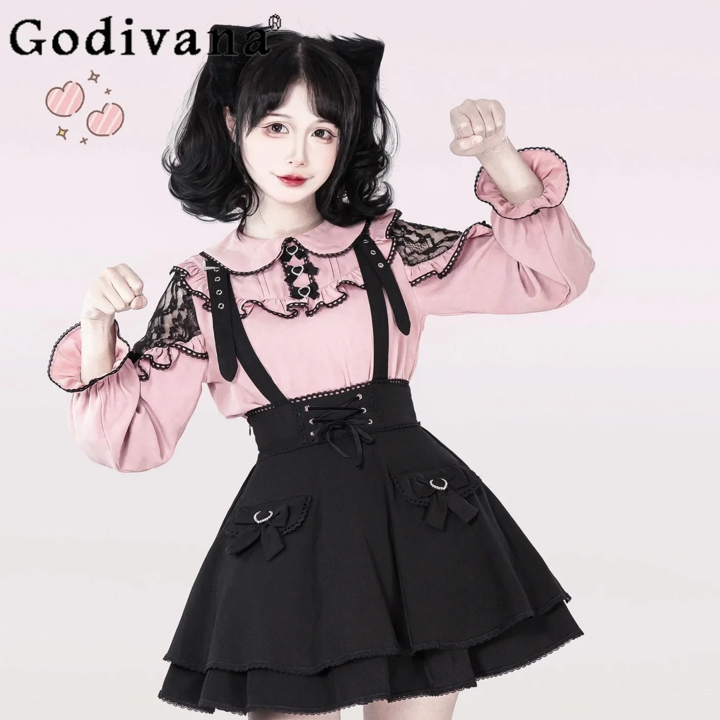 Girly Sweet Bow Lace Doll Collar Pink Casual Shirt Women Japanese All-Match Long-sleeved Shirts Lady High Waist Slim-Fit Skirts