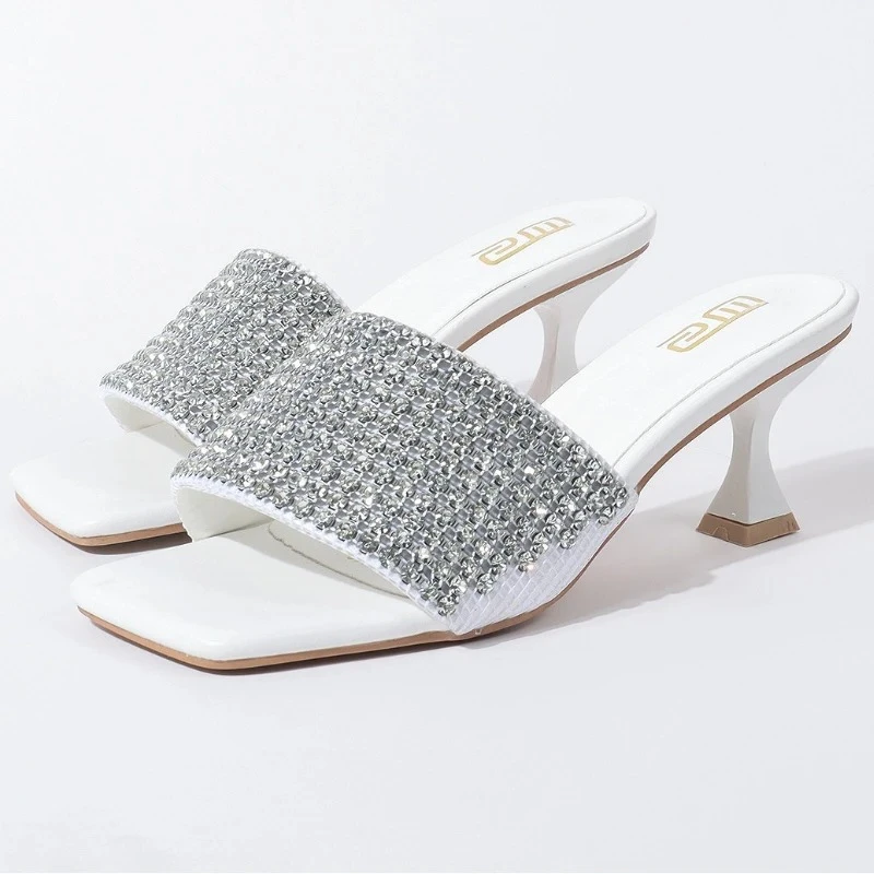 

Rhinestones Square Toe Designer Slippers Women Open Toe Casual Slides Female Shiny Luxury High Heeled Sandals Zapatos De Mujer