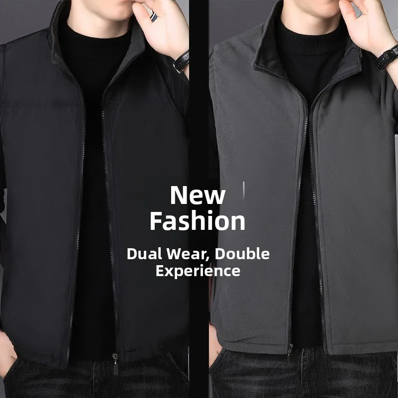 

Double-Sided Wear Fce Vest Men's Spring Autumn New Sle Svel Stand Collar Jaet Large Size oulder Pad irt Trendy