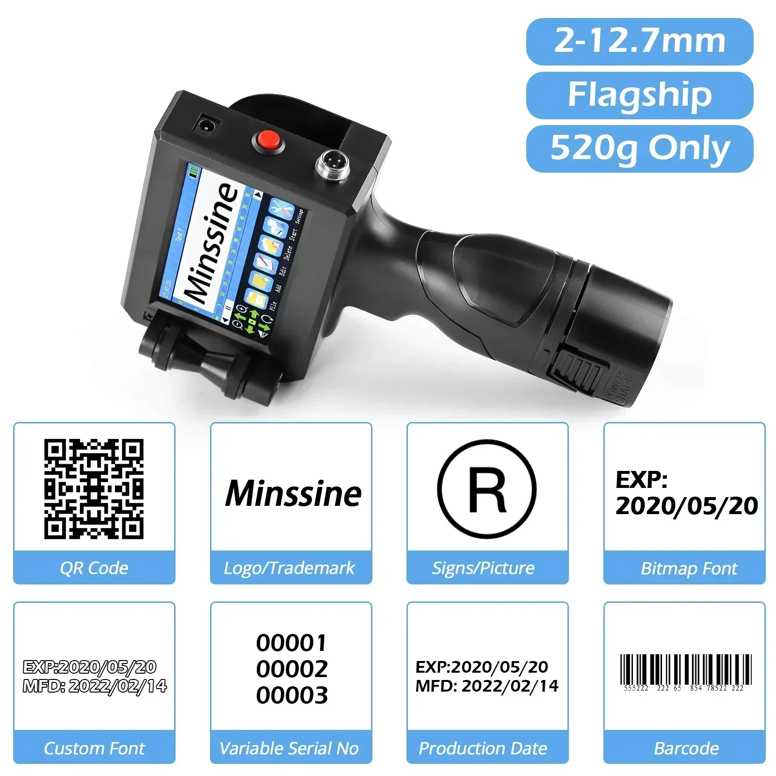 Imagem -04 - Handheld Inkjet Printer Gun Tinta de Secagem Rápida Código de Barras qr Número do Lote Logotipo Data Label Printer Não Criptografado 127 Milímetros