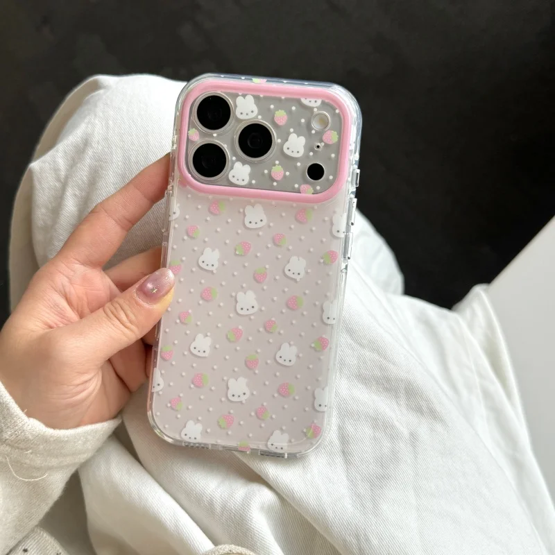 

Cute Cartoon strawberry Miffy Pink Polka Dots Phone Case For iPhone 13 14 15 16 17 Pro Max Lovely Pink Miffy shockproof Cover﻿﻿