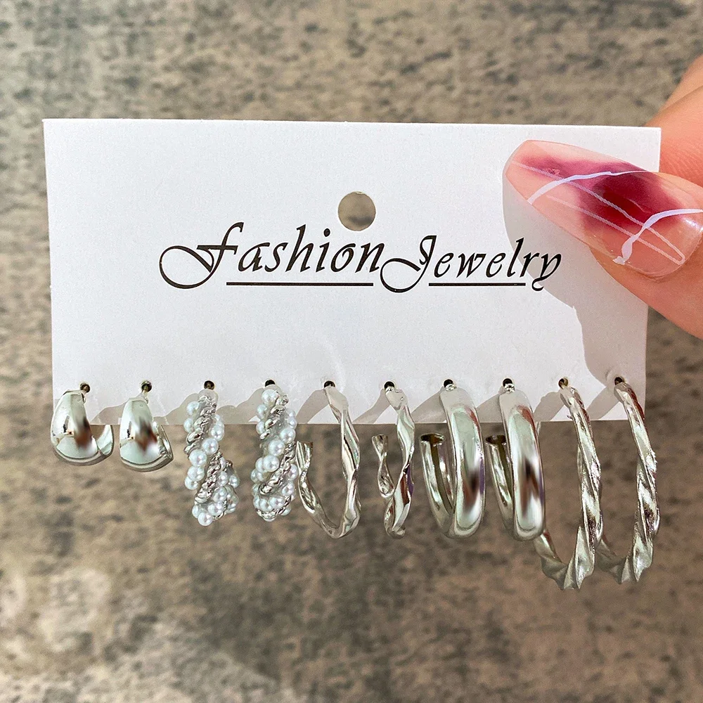 Boho Big Circle Hoop Earring Set for Women, Gold Color Bohemia Vintage Pearl Earring Heart Zircon Ear Studs Jewelry Gifts
