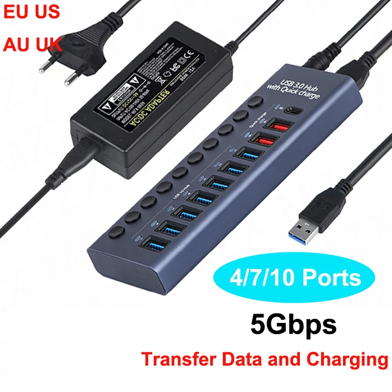 USB 3.0 Hub Socket Switch 4 6 10 Port Concentrator Multi-tap Multi-ports Docking Station Charger Multiple Power Supply Type C