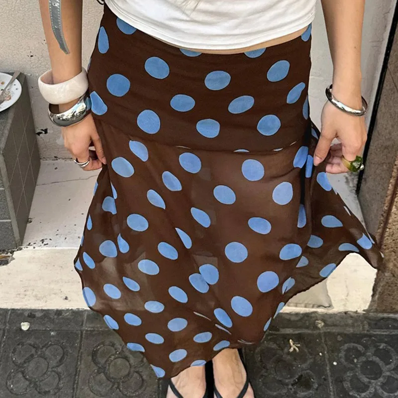 Elegance Aesthetics Polka Dot Print Asymmetrical Skirt Women's Low-Waisted Vacation Skirt Y2K Summer Beachwear Casual Streetwear