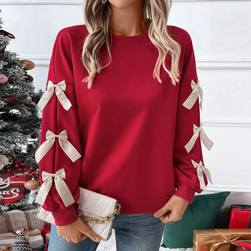 

Women's Red Bow Decor Lantern Sleeve Sweatshirt Autumn Winter Christmas Style Round Neck Loose Casual Pullover Top