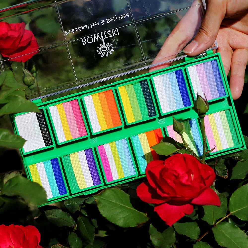 

Bowitzki 12x10gm Professional Face Paint And Body Paint Set One Stroke Split Cake Rainbow Non toxic Hypoallergenic With template