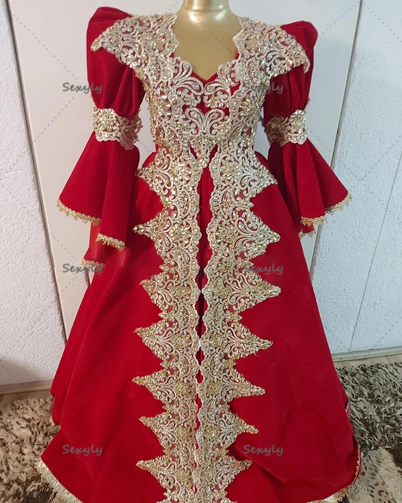 Tradicional Kosovo Albanês Vestido de Noite Vermelho Uma Linha Manga Longa Árabe Abaya Vestidos de Baile Frisado Applique Formal Personalizado