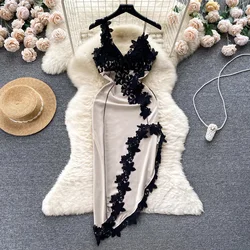 Foamlina Sexy Floral Lace Suspender Dress for Women Fashion Summer V Neck Sleeveless High Waist Slim Split Irregular Party Dress