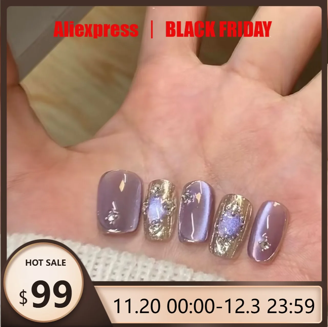 

10pcs Handmade Press on Nails Purple Buccellati Cat Eye Long Ladder False Nail for Women Girl Removable Wearable Fake Nail Art