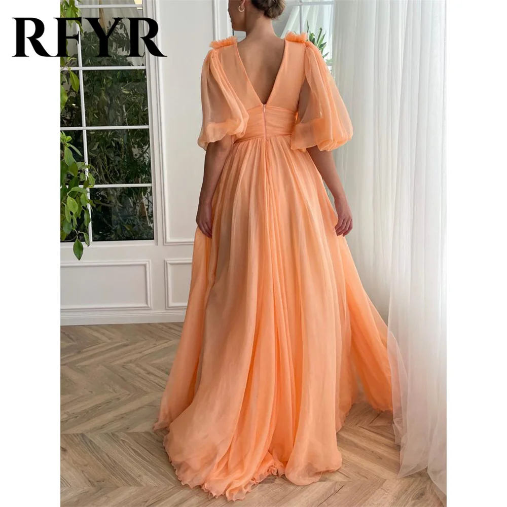 RFYR Orange Chiffion Prom Dress V Neck Celebrity Dresses Women's Evening Dress Puffy Sleeves Formal Gowns 프롬 드레스 Customized