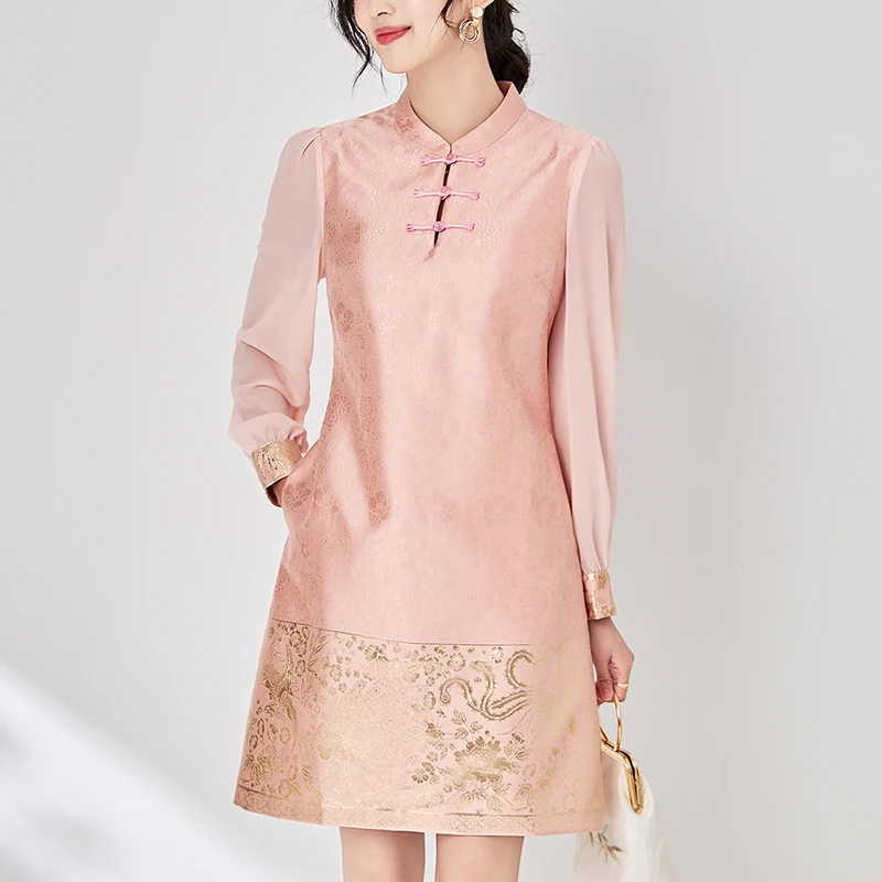 

Chinese Style Elegant Dresses For Women 2024 Spring Long Sleeve Jacquard Patchwork Chiffon Long Sleeve Women's Vintage Dress