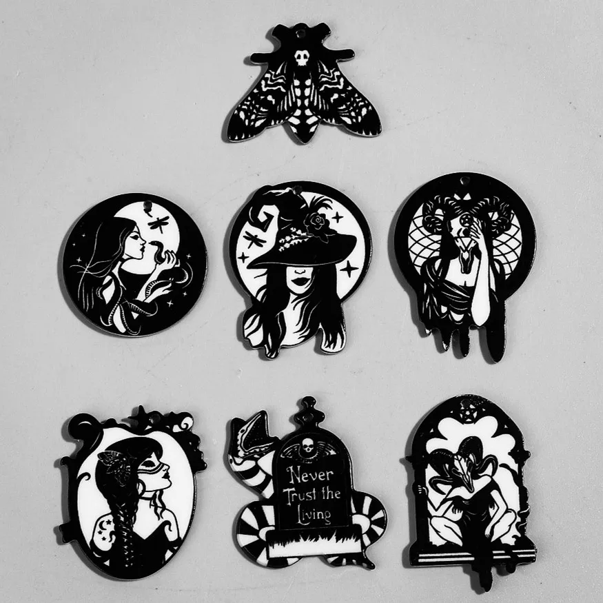 10pcs/lot Halloween Goddess Acrylic Charms Dark Gothic Witch Butterfly Snake Print Pendant for DIY Earrings Jewelry Accessories